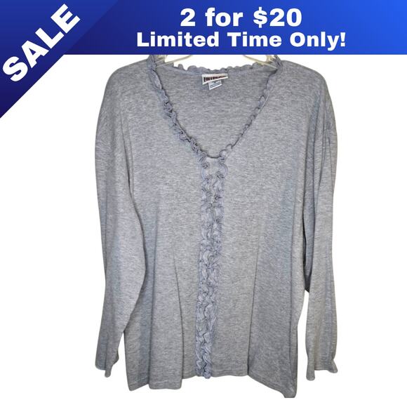 [Sale: 2 for $20!] Bill Blass Gray Ruffled V-Neck Top 2X Cotton Blend 0246 - Picture 1 of 8